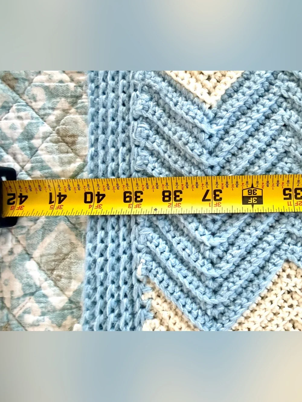 Large Vintage Hand Made Crochet Blue & White Throw Chevron Stripe Afghan